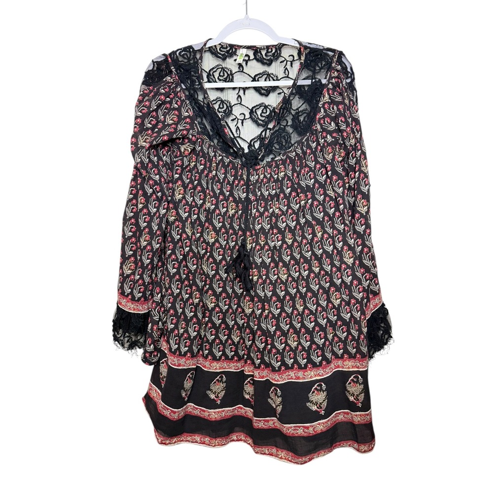 Free‎ People Black Nomad Child Floral Lace Trim Tunic Dress Boho Festival Small
